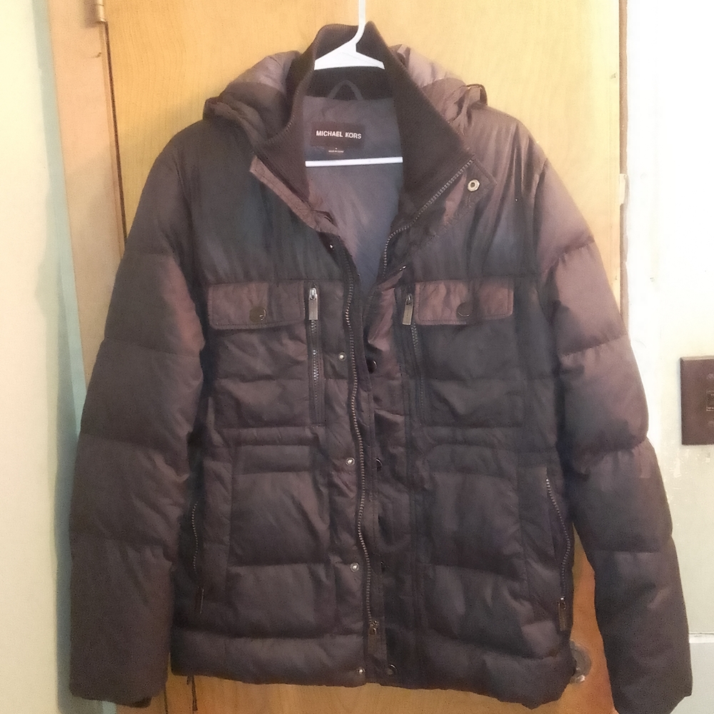 Michael Kors Black Puffer Quilted Down Hooded Snap Button Zip‎ Up Jacket Small
